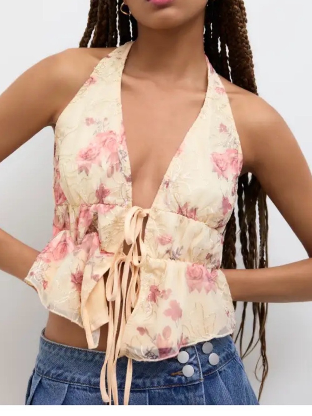 NWT Cider HALTER NECKLINE FLORAL KNOTTED TANK TOP Peach pink size XL